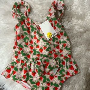 Boden boto pink ditsy strawberry one piece